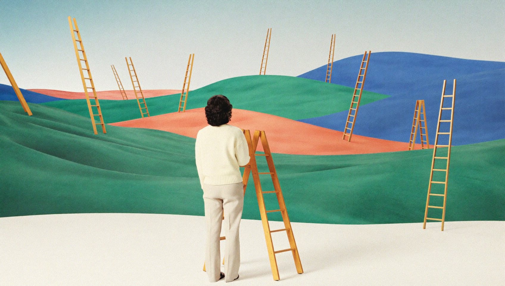 Seen from behind, a person stands beside one plain wooden stepladder, looking out over rolling hills scattered with ladders pointing in different directions.
